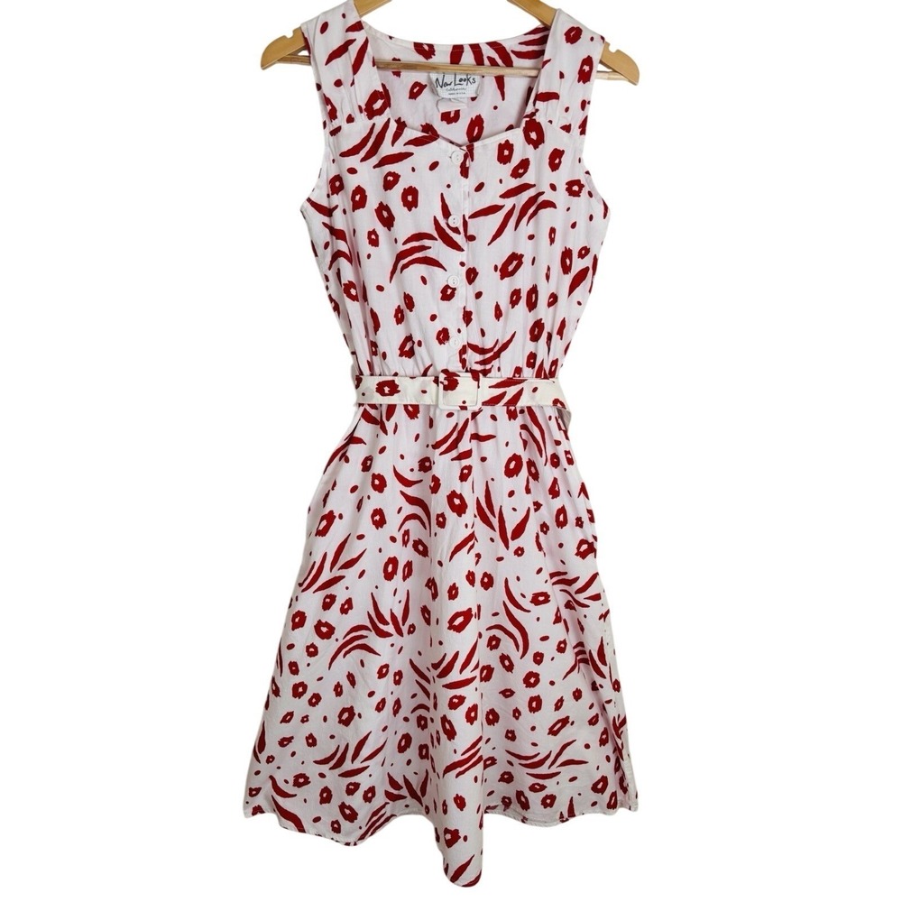 VTG New Looks California Sz 10/M White Red Floral Sleeveless‎ Midi Dress Belted